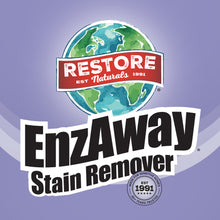 Load image into Gallery viewer, EnzAway Spot Remover packaging graphic on a purple background, featuring the Restore Naturals logo, large black-and-white product name text.